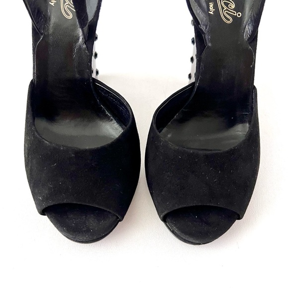 GUCCI | Black Suede Peep Toe Slingback Lucite Studded Wedge Heels Vintage 38.5 - Picture 5 of 13